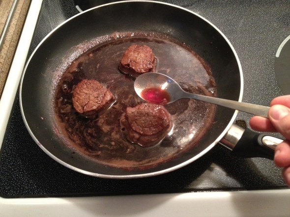 After 5 minutes turn over the steaks and bast them in the sauce.